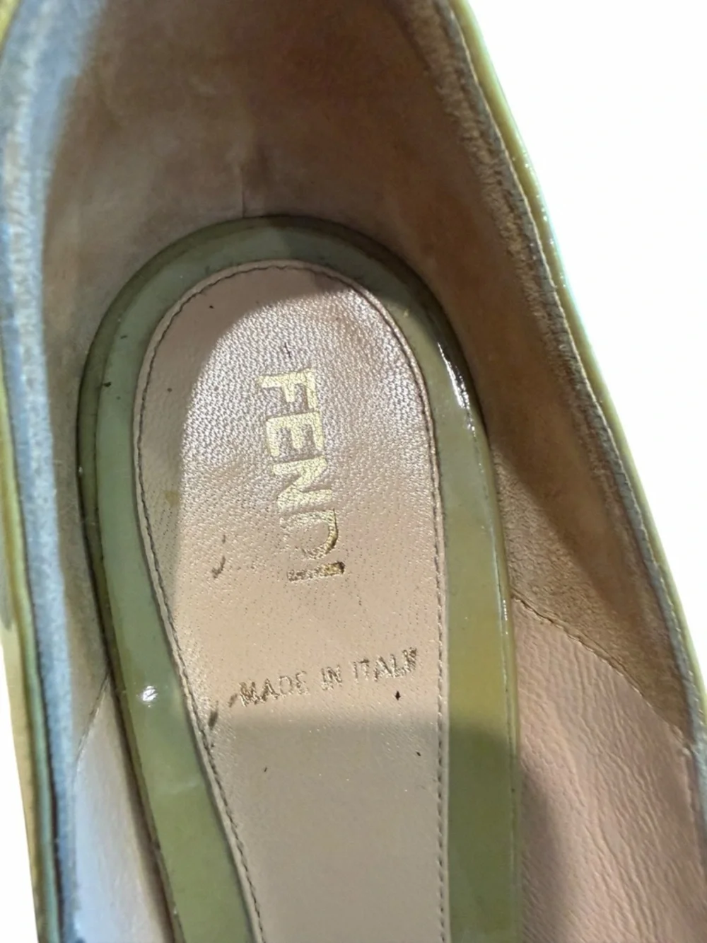 FENDI Olive Green Patent Peep-Toe Platform Pumps with Bow